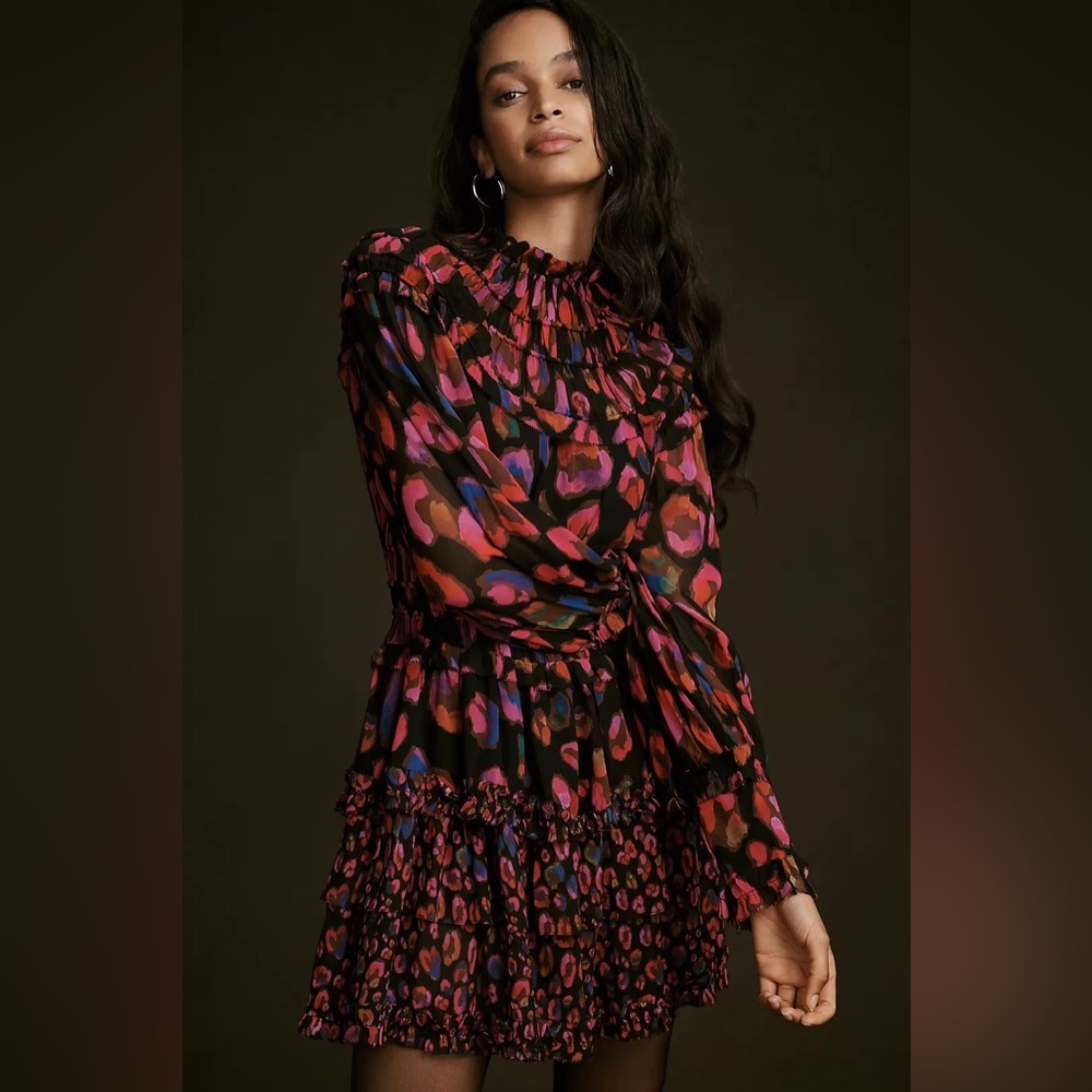 Farm Rio Iridescent Leopard Print High Neck Ruffle Mini Dress - Size XS - NWT
